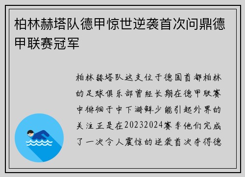 柏林赫塔队德甲惊世逆袭首次问鼎德甲联赛冠军